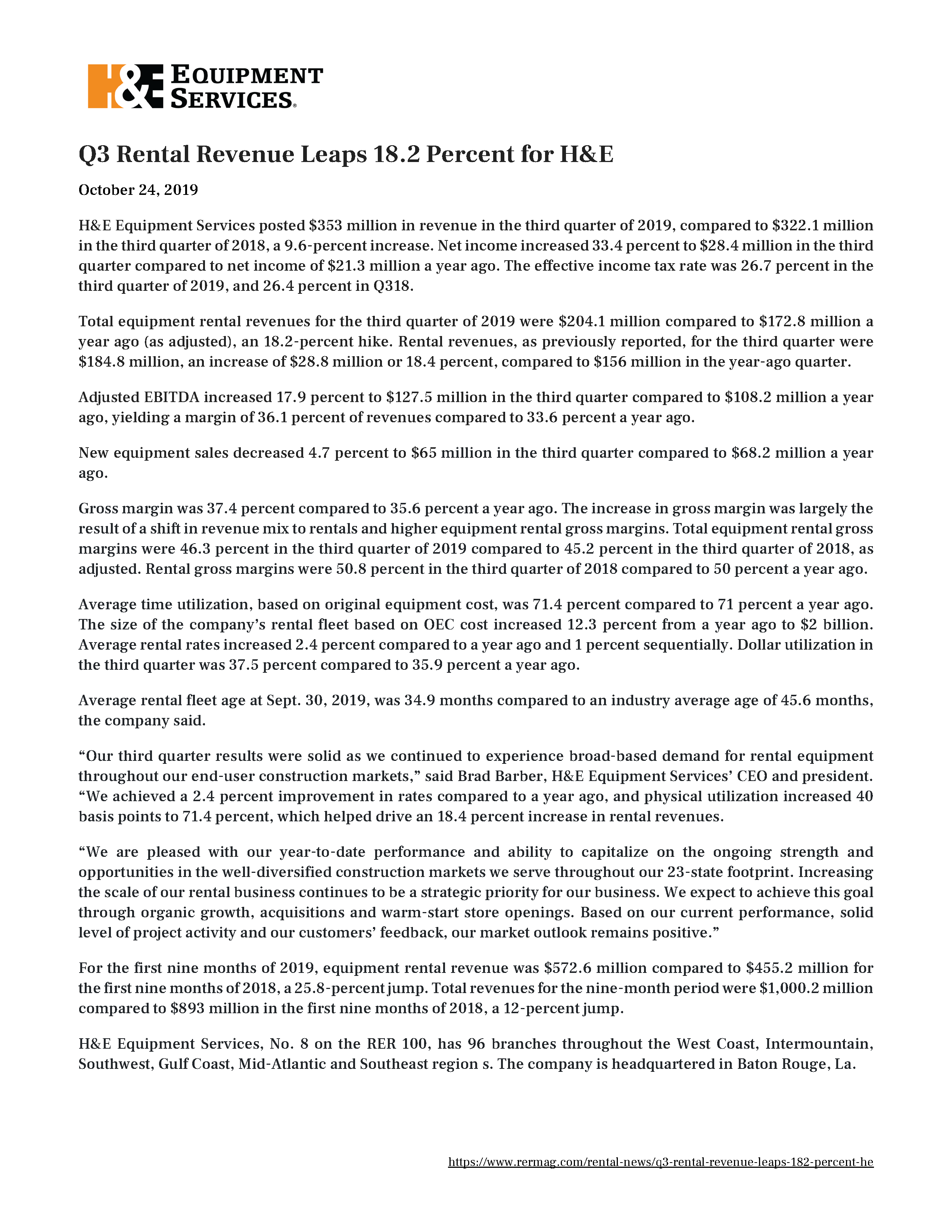 Q3 Rental Revenue Leaps 18.25 Percent for H&E 10.24.2019