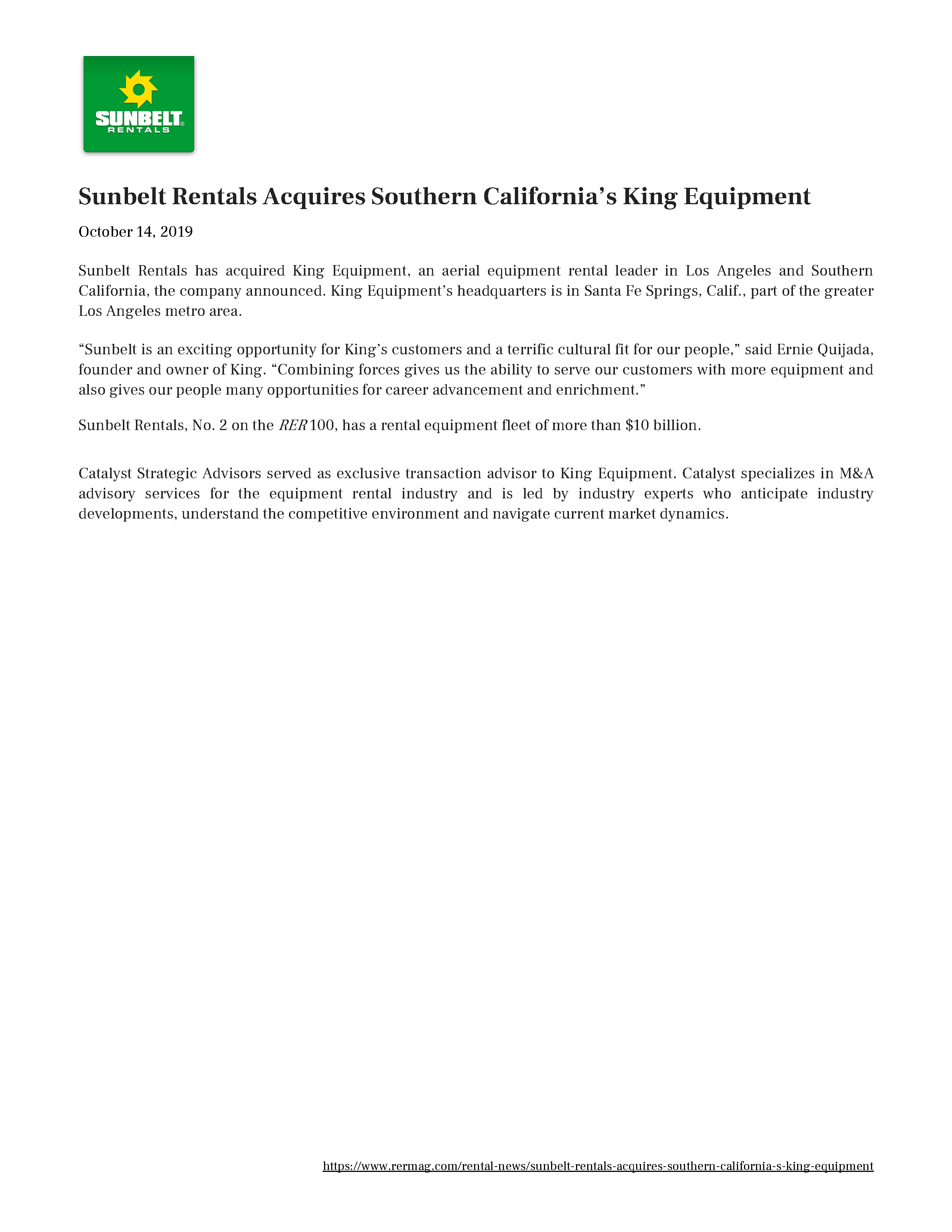Sunbelt Rentals Acquires Southern California's King Equipment 10.14.2019
