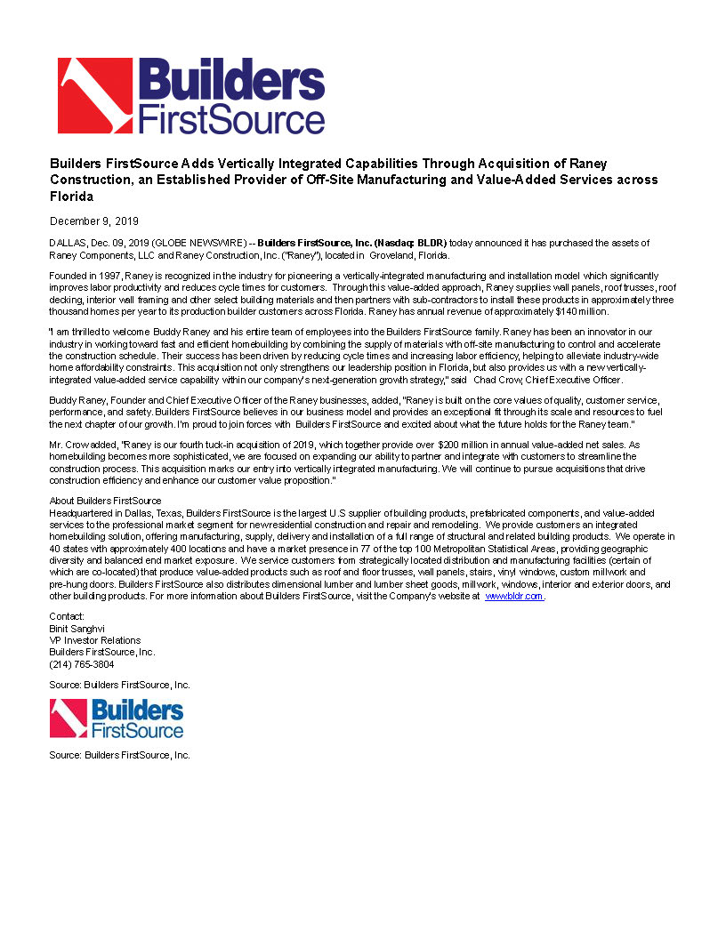 Builders FirstSource Adds Vertically Integrated Capabilities Through Acquisition of Raney Construction 12.9.2019