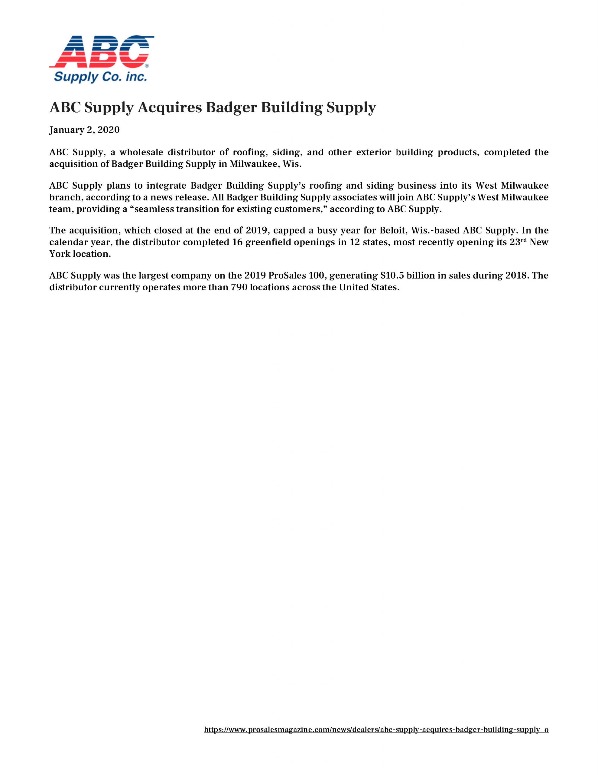ABC Supply Acquires Badger Building Supply 1.2.2020
