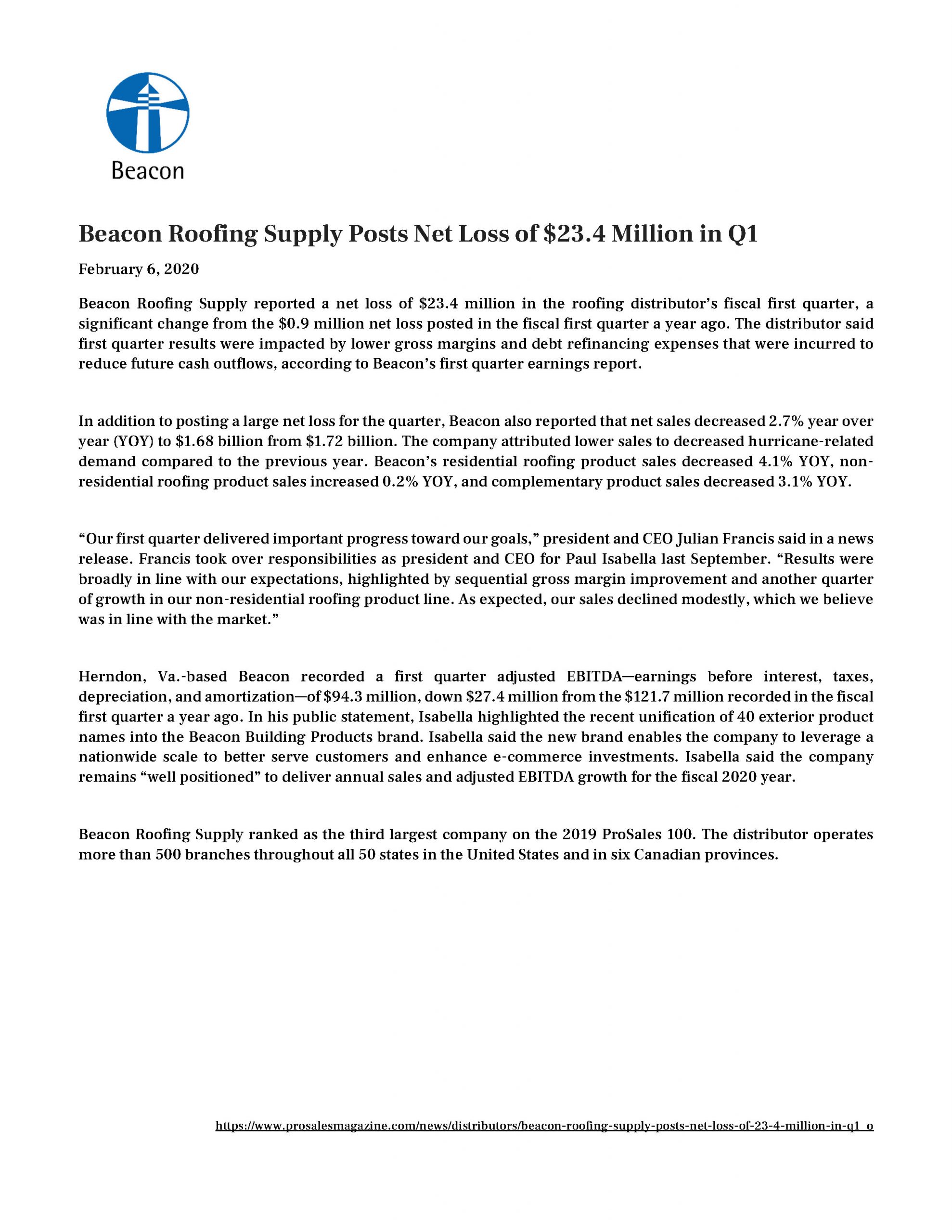 Beacon Roofing Supply Posts Net Loss of $23.4 Million in Q1 2.6.2020