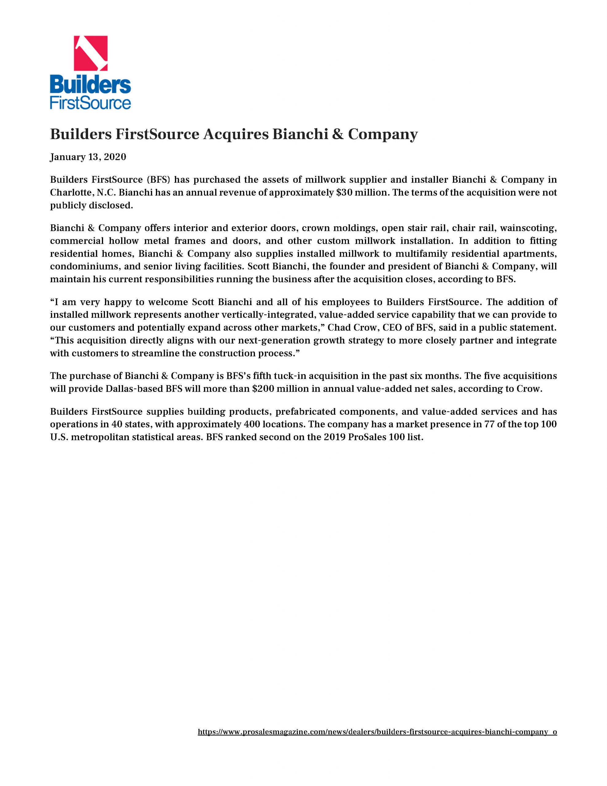 Builders FirstSource Acquires Bianchi & Company 1.13.2020