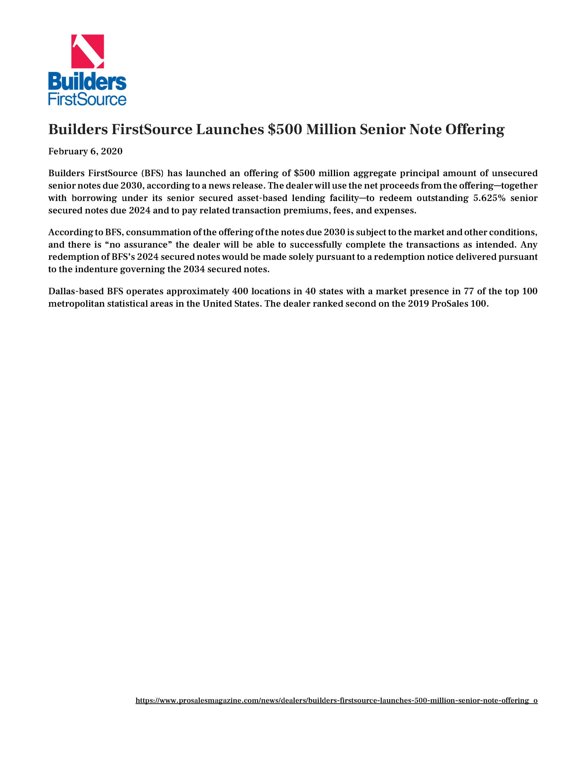 Builders FirstSource Launches $500 Million Senior Note Offering 2.6.2020