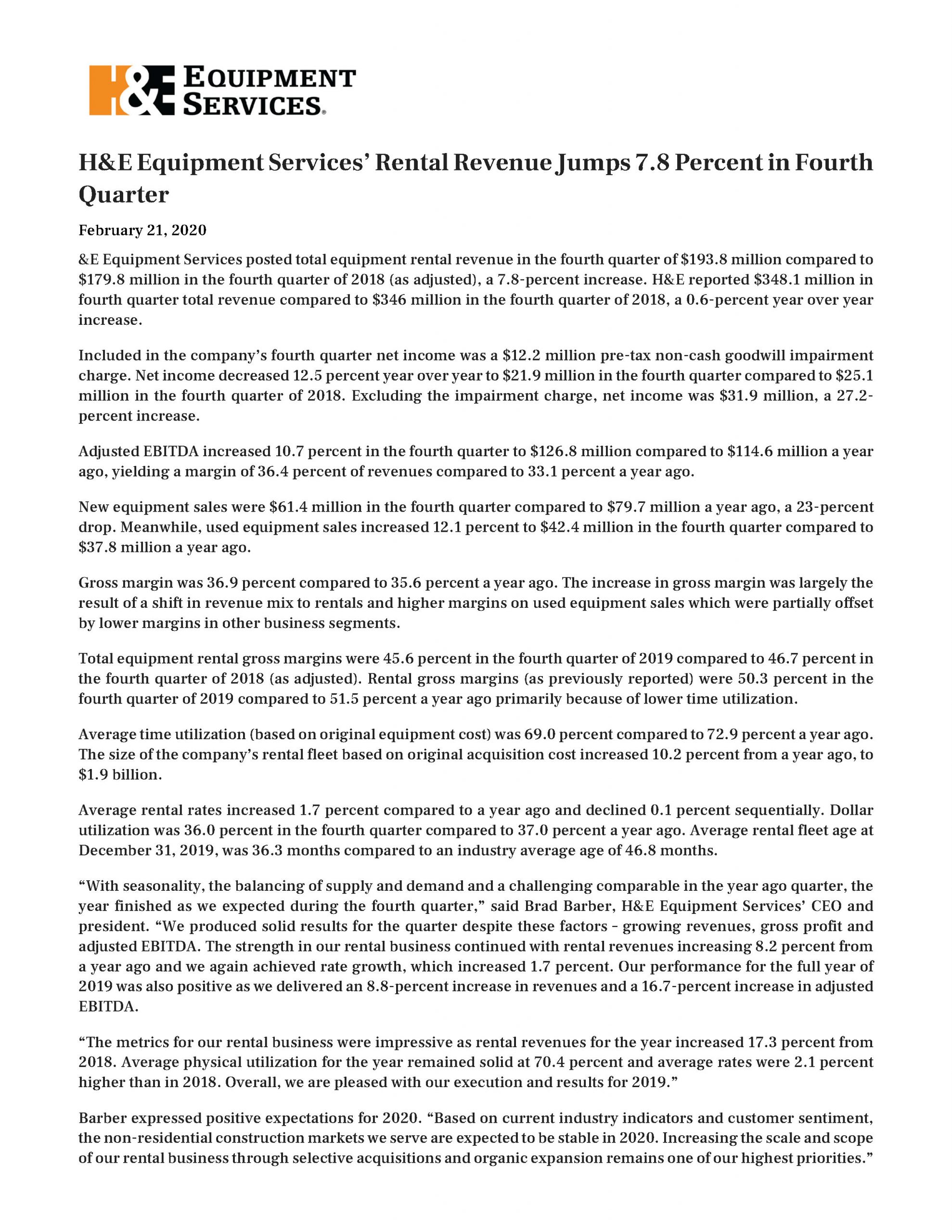 H&E Equipment Services' Rental Revenue Jumps 7.8 Percent in Fourth Quarter 2.21.2020