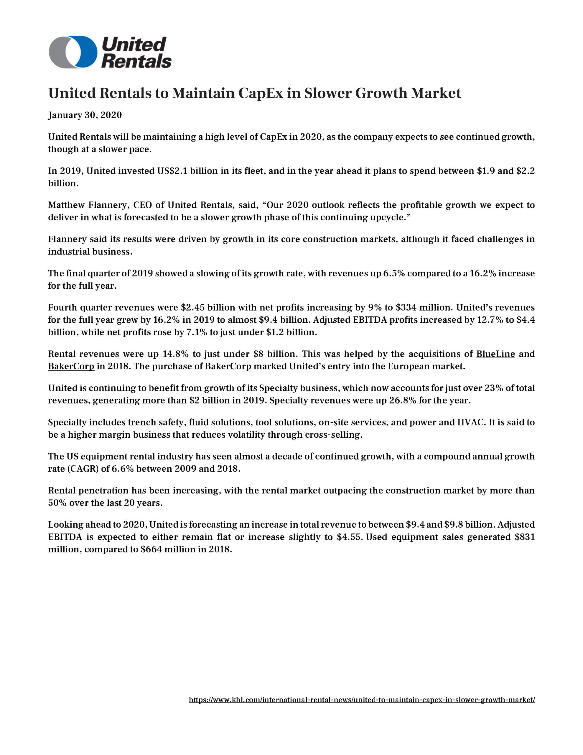 United Rentals to Maintain CapEx in Slower Growth Market 1.30.2020