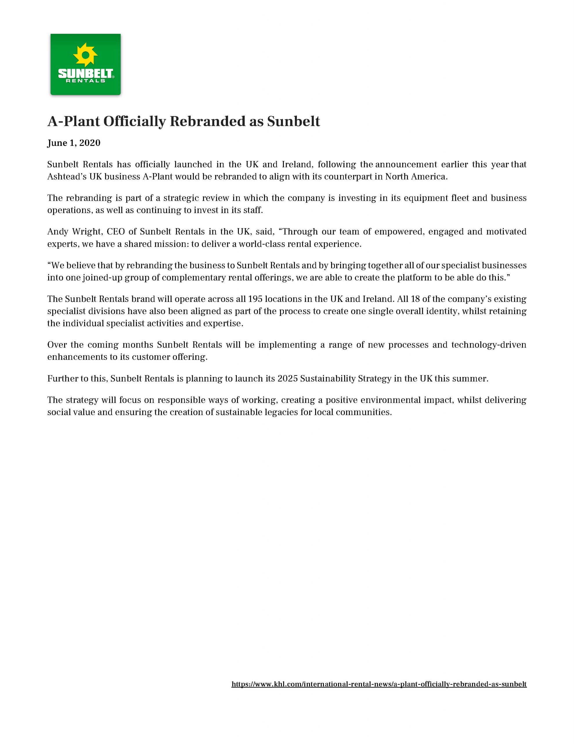 A-Plant Officially Rebranded as Sunbelt 6.1.2020 A-Plant Officially Rebranded as Sunbelt 6.1.2020