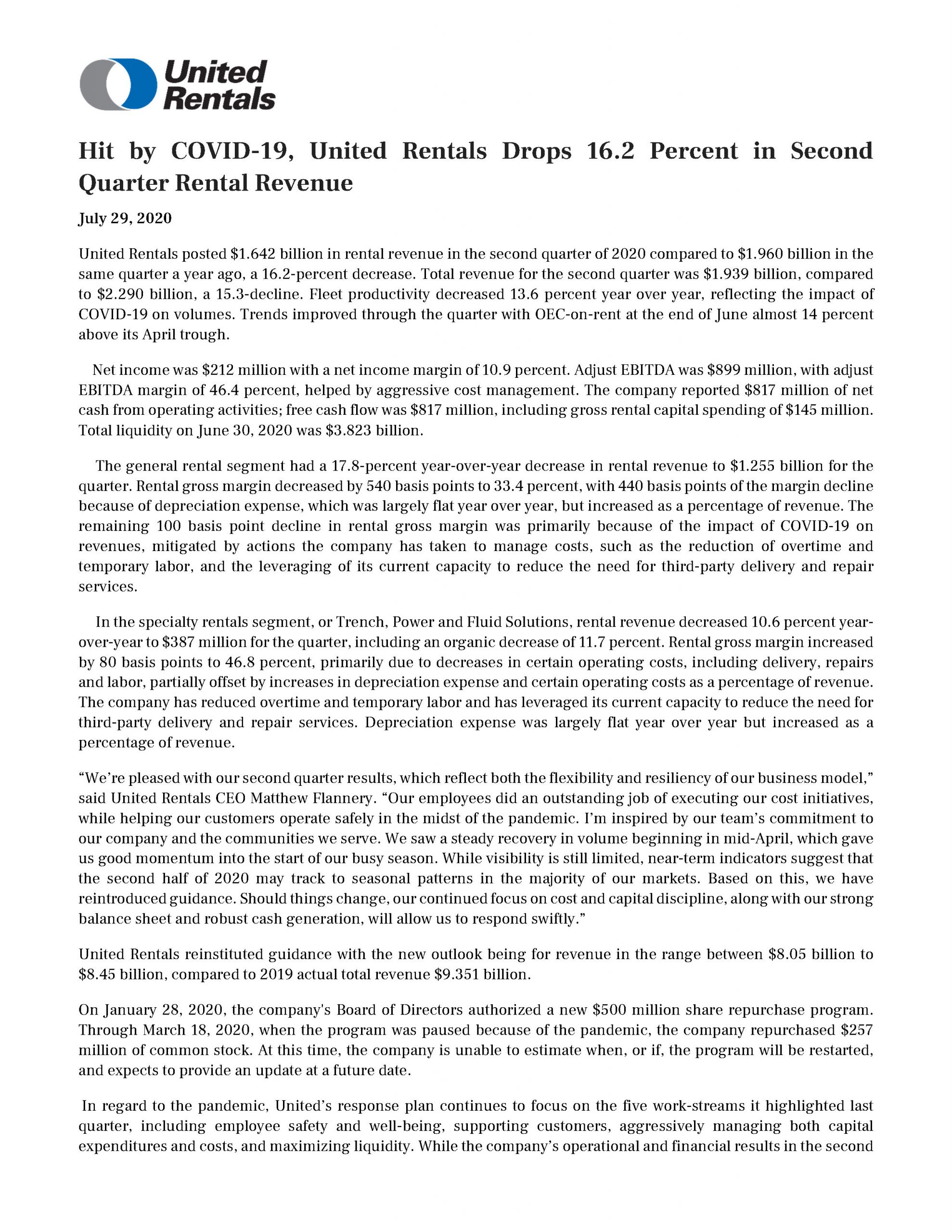 Hit by COVID-19, United Rentals Drops 16.2 Percent in the Second Quarter Rental Revenue 7.29.2020_Page_1