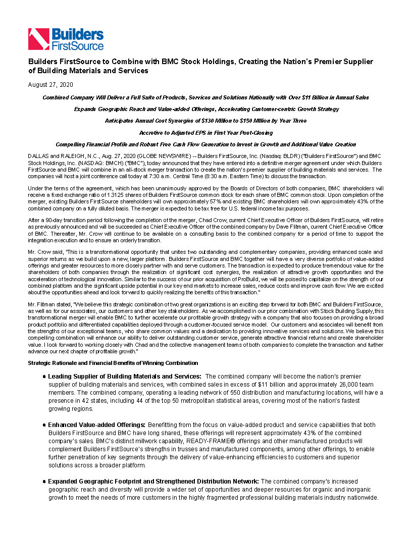 Builders FirstSource to Combine with BMC Stock Holdings, Creating the Nation’s Premier Supplier of Building Materials and Services_Page_1