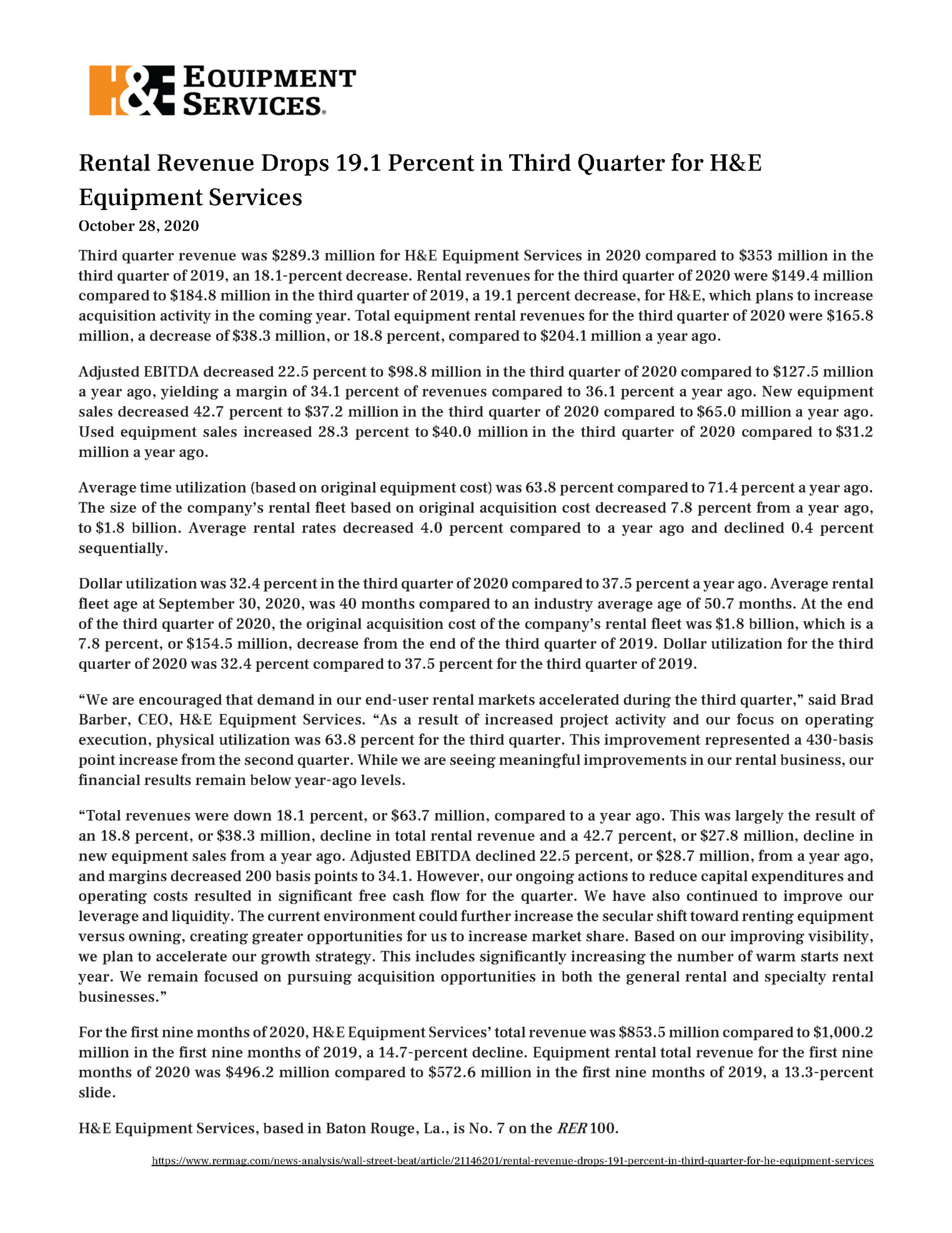Rental Revenue Drops 19.1 Percent in Third Quarter for H&E Equipment Services 10.28.2020