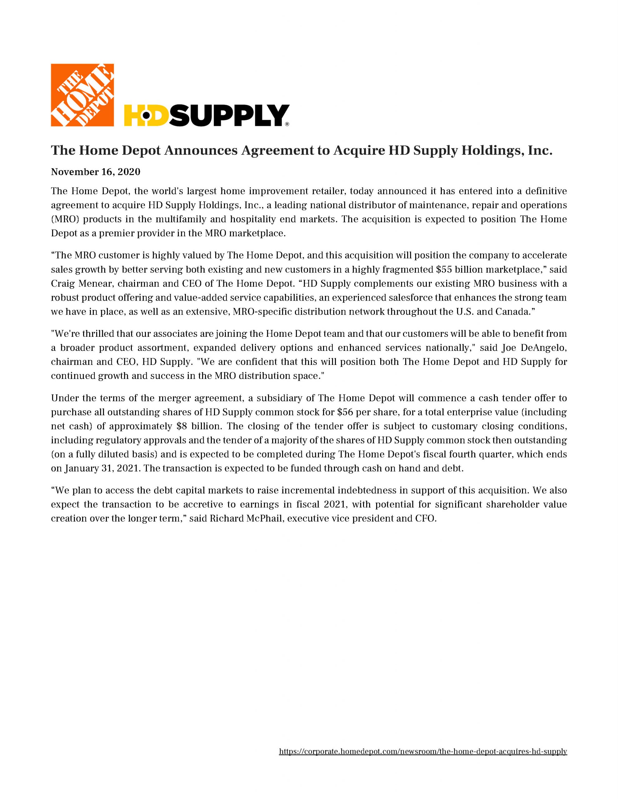 The Home Depot Announces Agreement To Acquire HD Supply Holdings, Inc. 11.16.2020