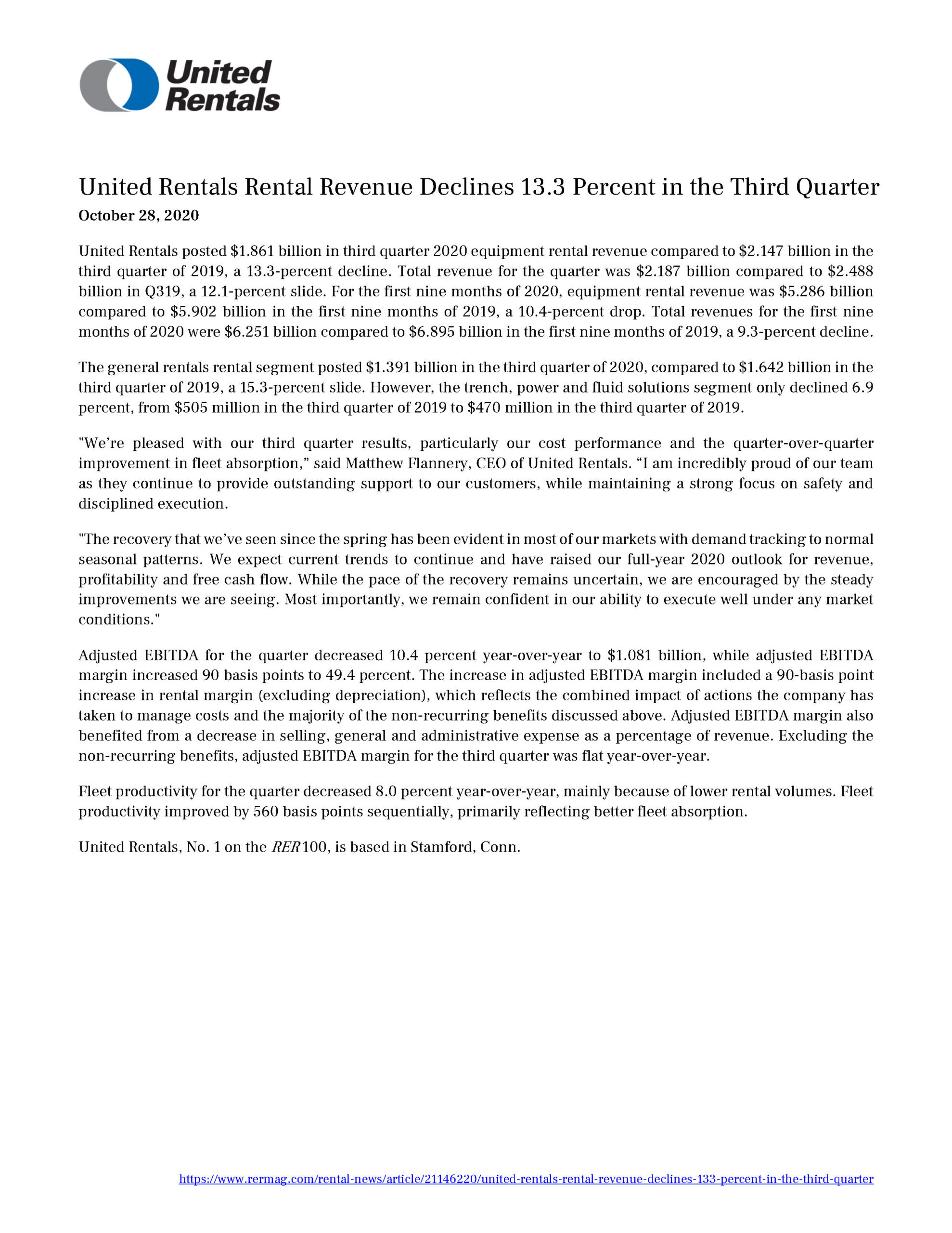 United Rentals Rental Revenue Declines 13.3 Percent in the Third Quarter 10.28.2020