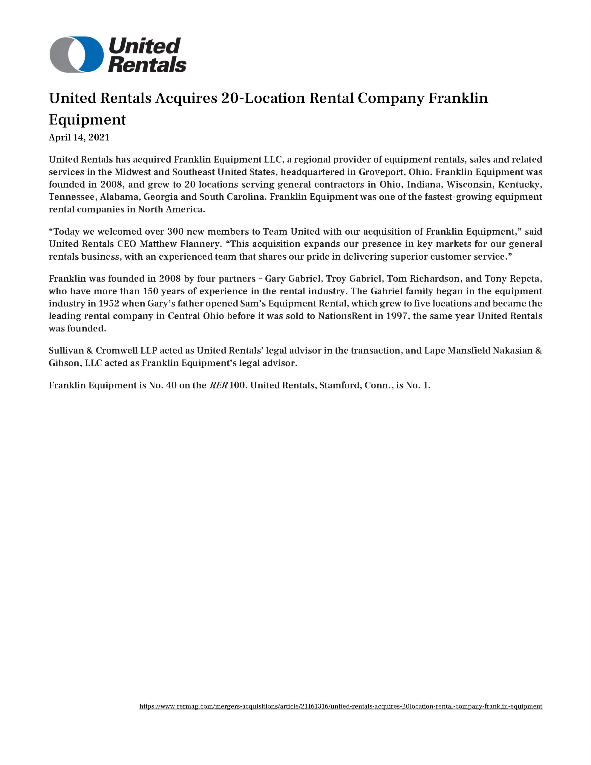 United Rentals Acquires 20-Location Rental Company Franklin Equipment 4.14.2021_Page_1