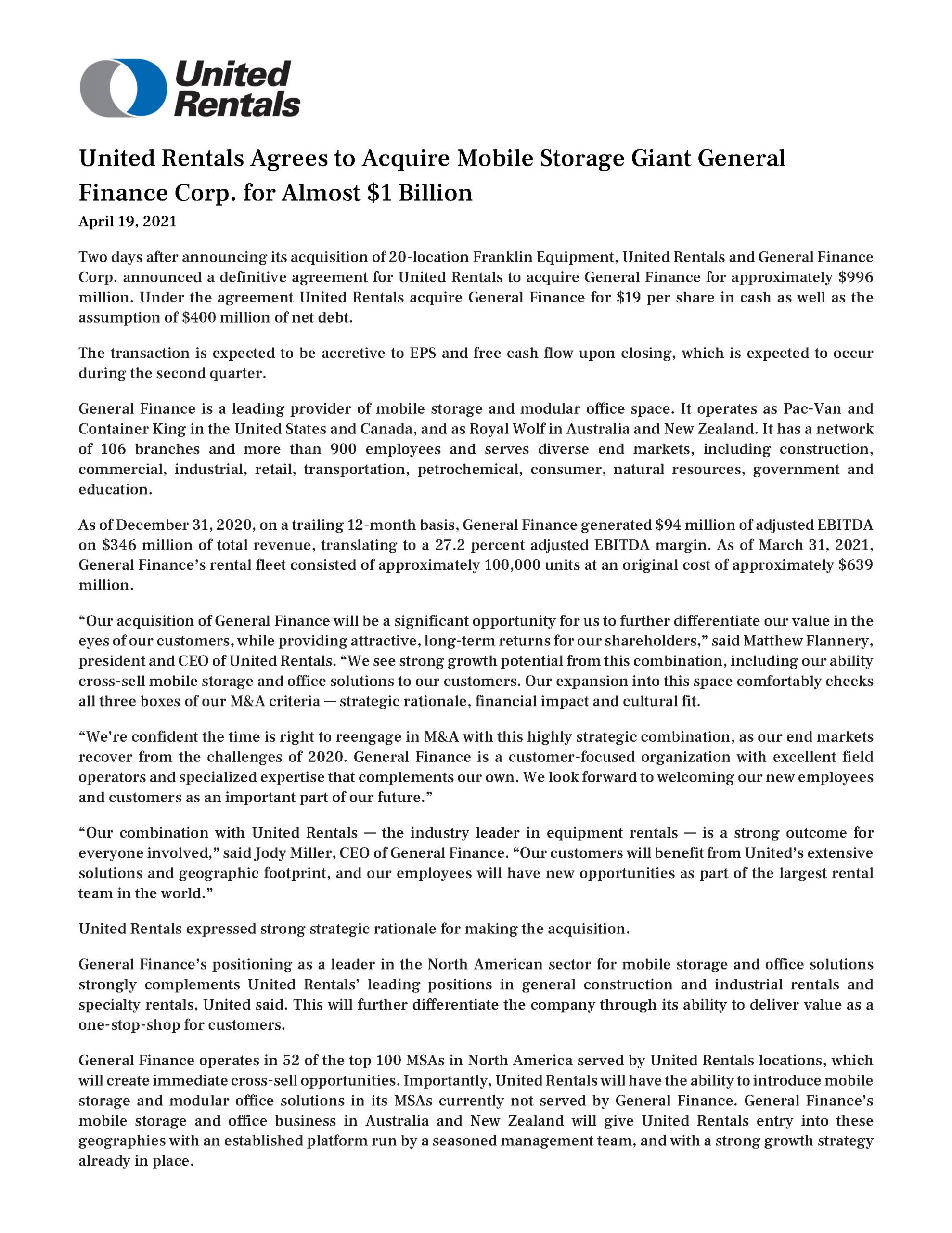 United Rentals Agrees to Acquire Mobile Storage Giant General Finance Corp. for Almost $1 Billion 4.19.2021_Page_1