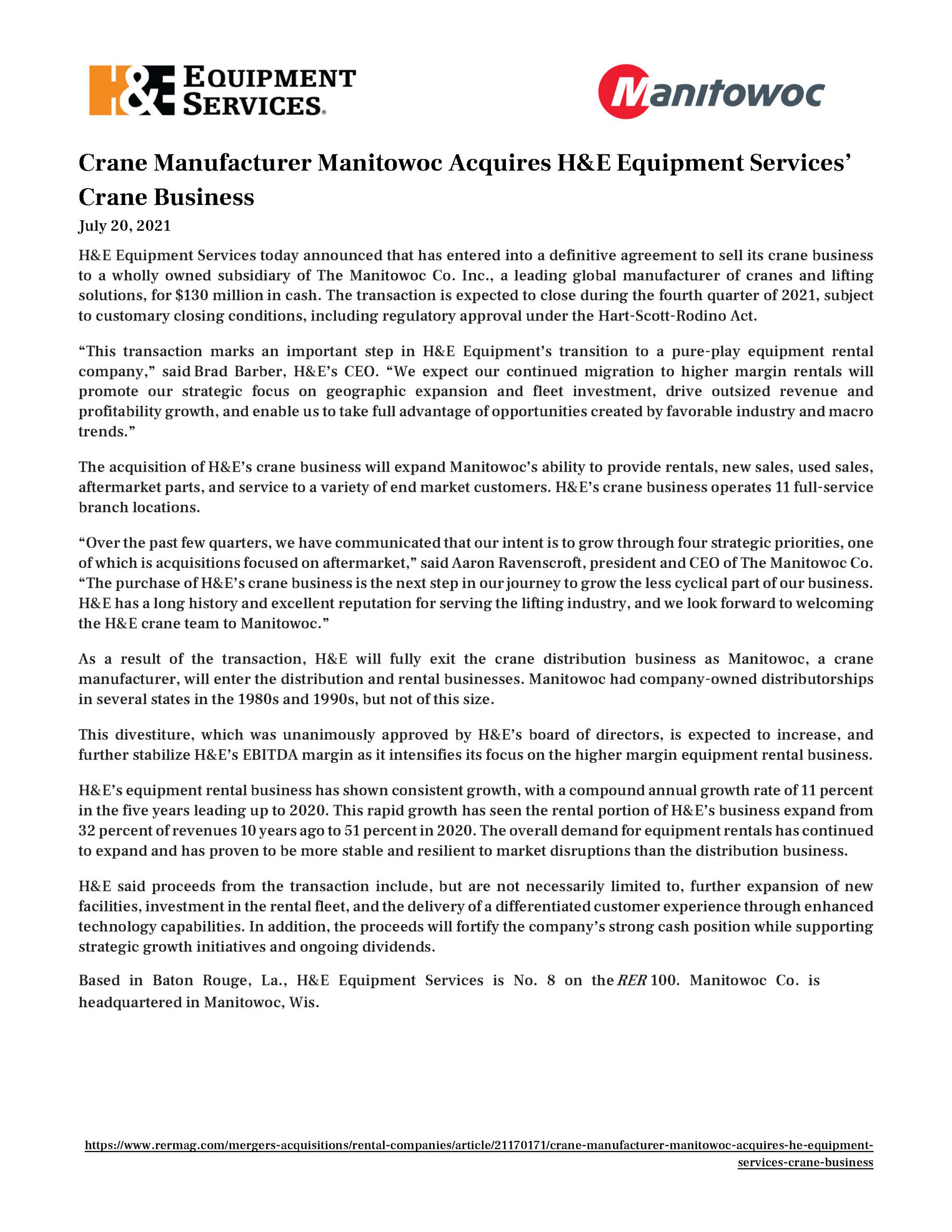 Crane Manufacturer Manitowoc Acquires H&E Equipment Services' Crane Business 7.20.2021