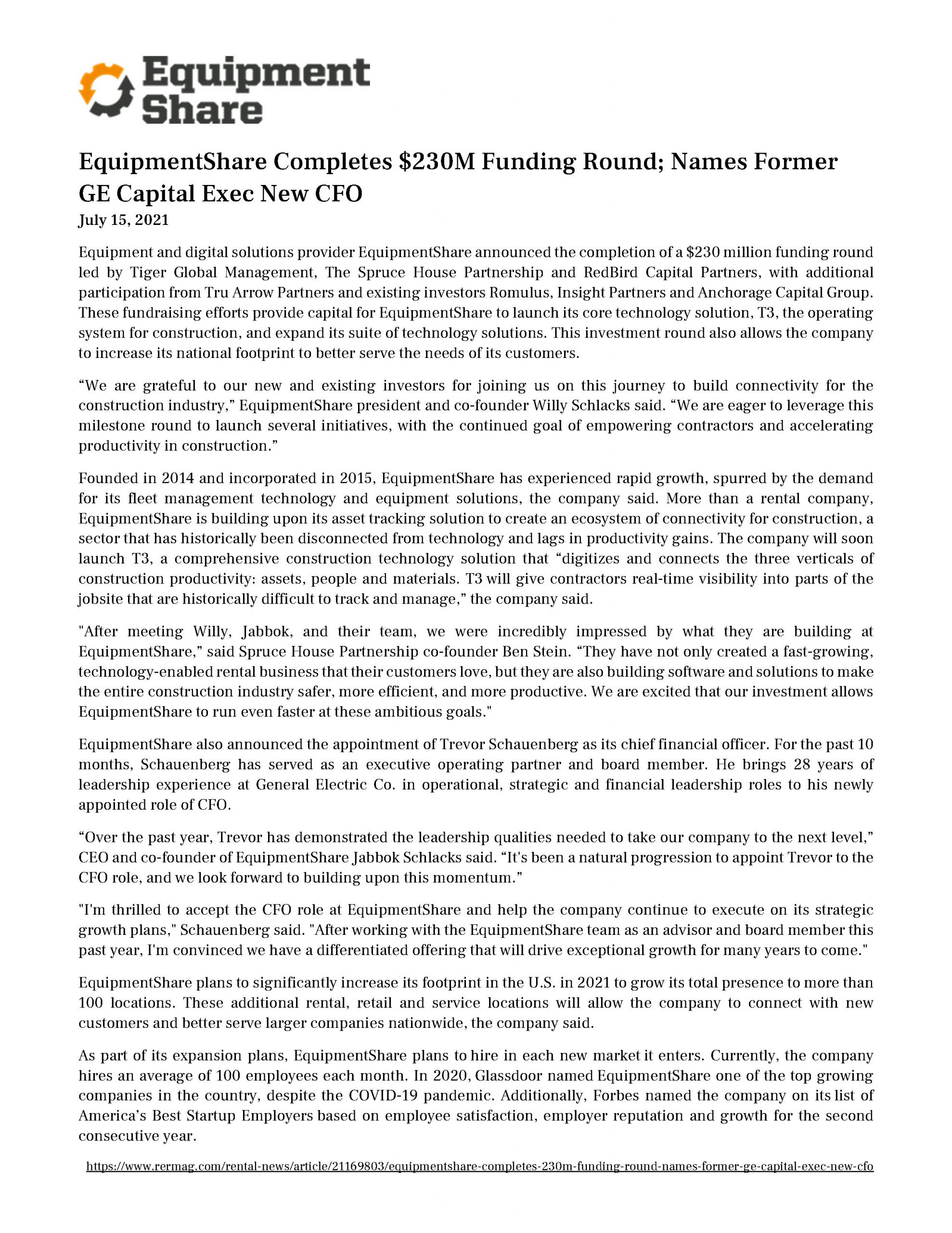 EquipmentShare Completes $230M Funding Round; Names Former GE Capital Exec New CFO 7.15.2021 EquipmentShare Completes $230M Funding Round; Names Former GE Capital Exec New CFO 7.15.2021