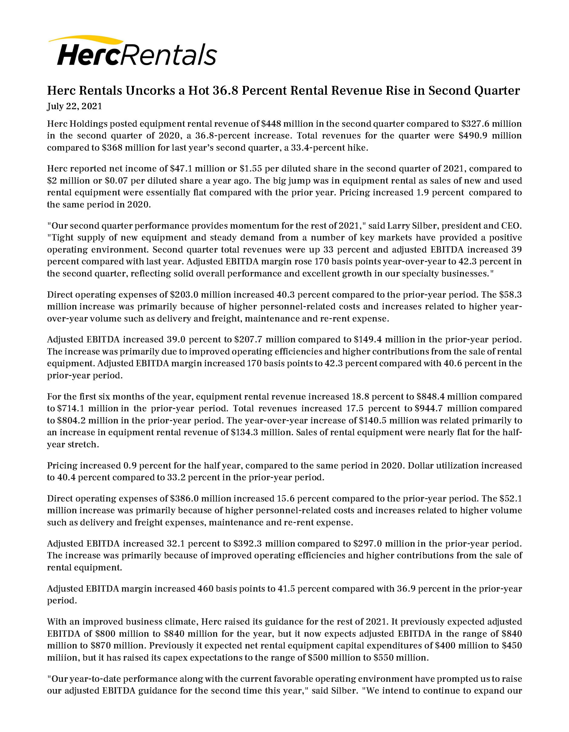 Herc Rentals Uncorks a Hot 36.8 Precent Rental Revenue Rise in Second Quarter 7.22.2021