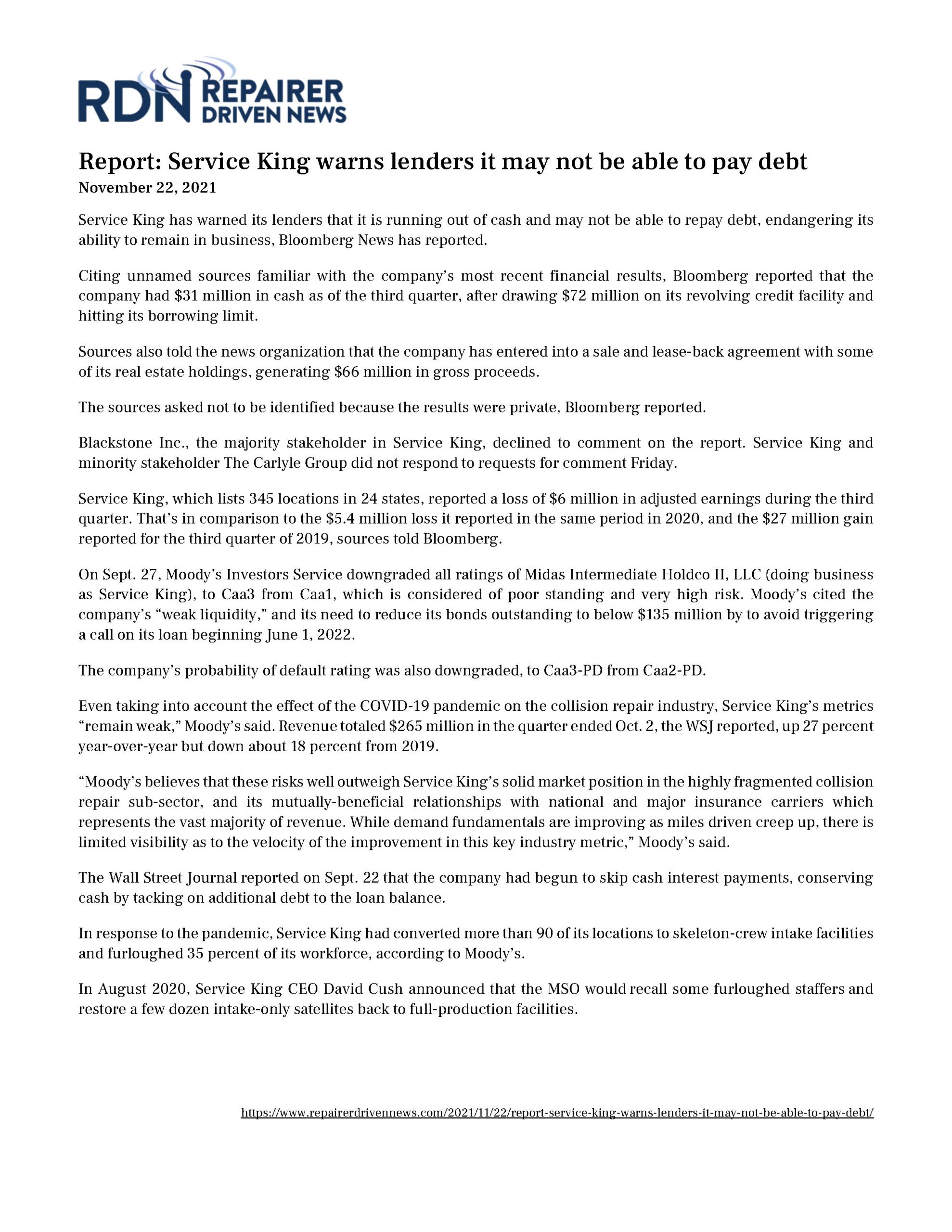 Service King Warns Lenders It May Not Be Able to Pay Debt 11.22.2021 Service King Warns Lenders It May Not Be Able to Pay Debt 11.22.2021