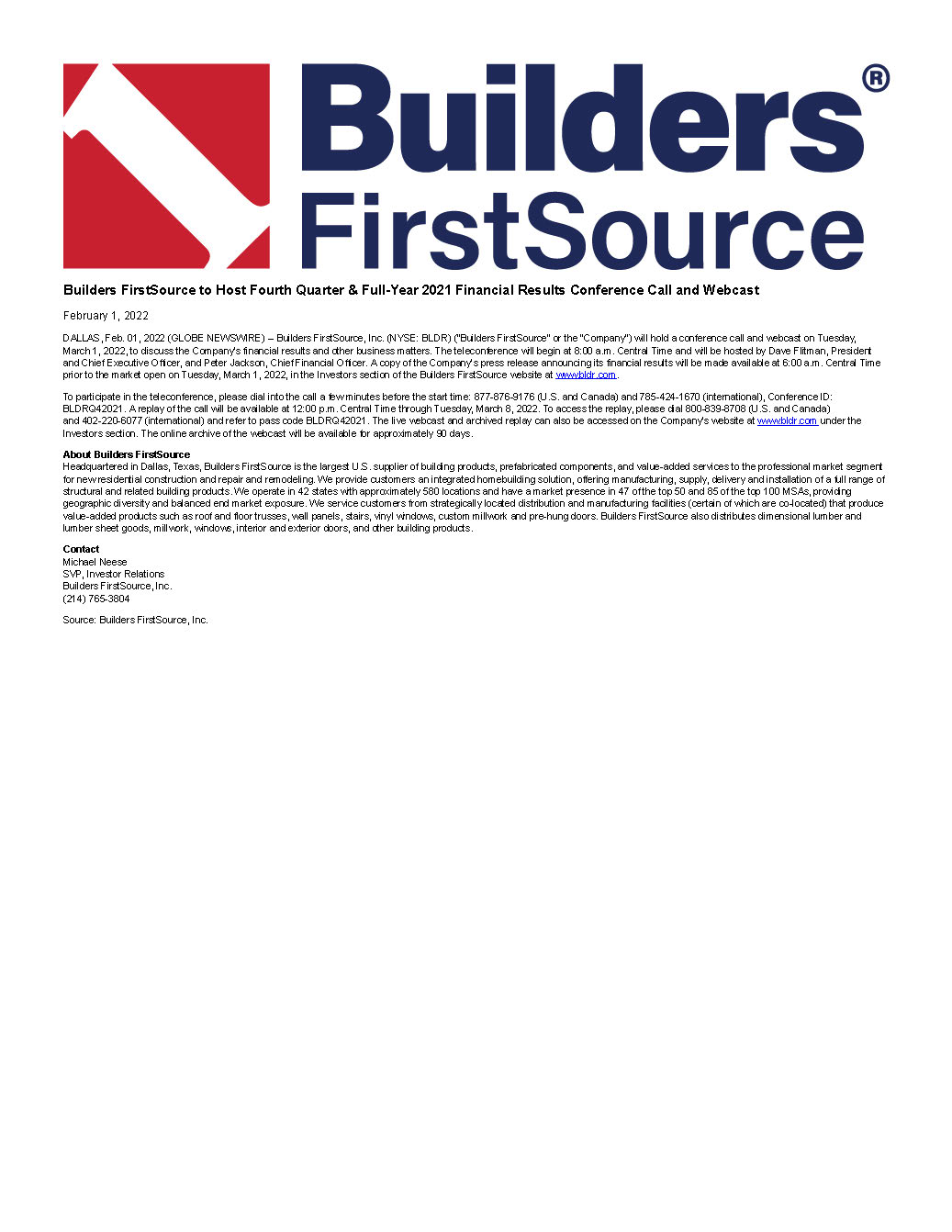Builders FirstSource to Host Fourth Quarter & Full-Year 2021 Financial Results Conference Call and Webcast