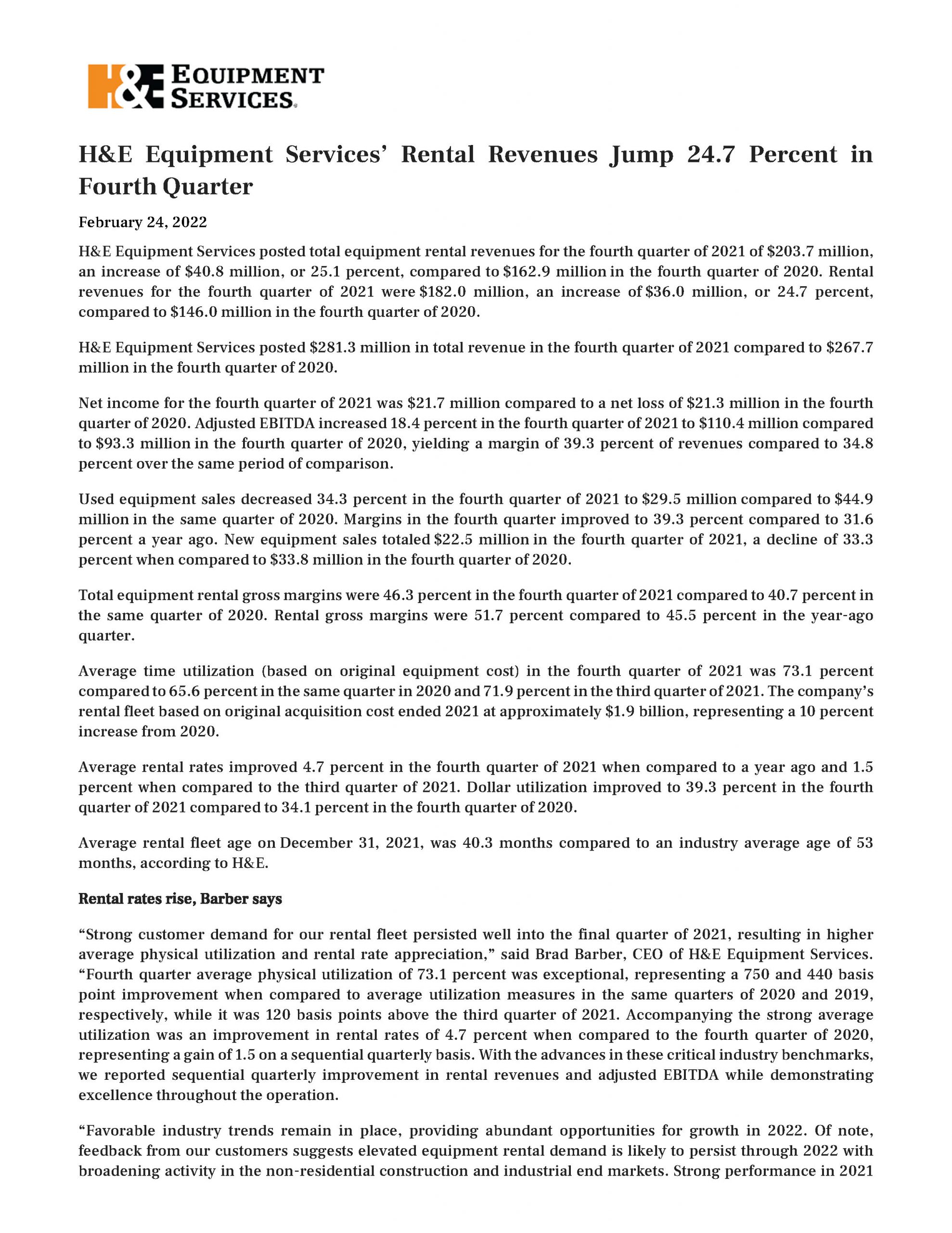 H&E Equipment Services' Rental Revenues Jump 24.7 Percent in Fourth Quarter 2.24.2022_Page_1