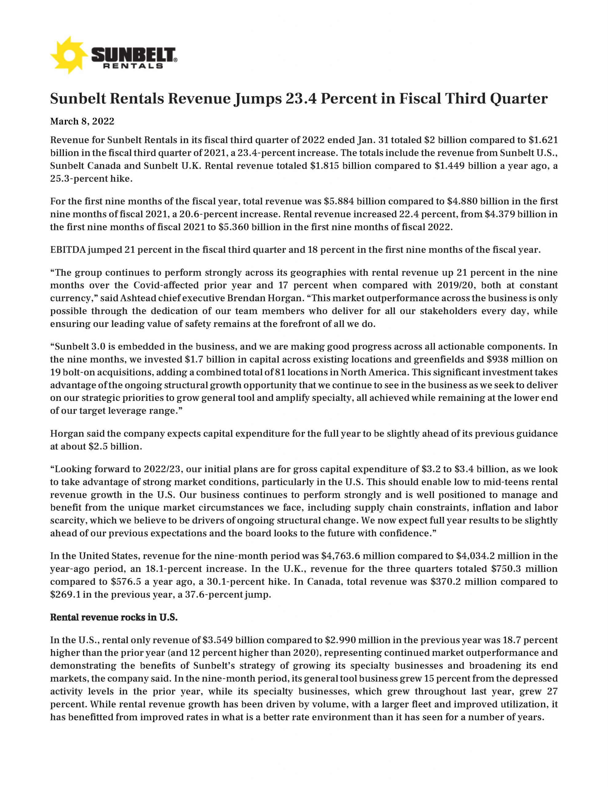Sunbelt Rentals Revenue Jumps 23.4 Percent in Fiscal Third Quarter 3.8.22_Page_1