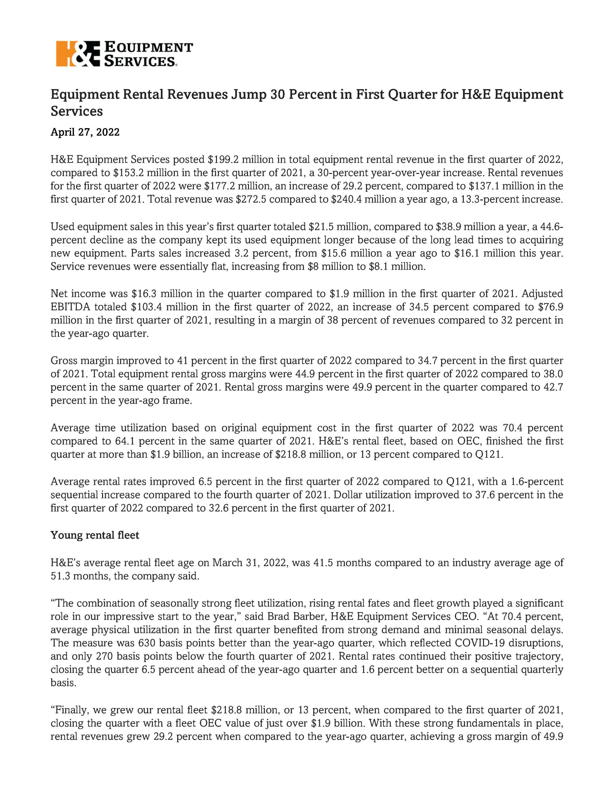 Equipment Rental Revenues Jump 30 Percent in First Quarter for H&E Equipment Services 4.27.2022