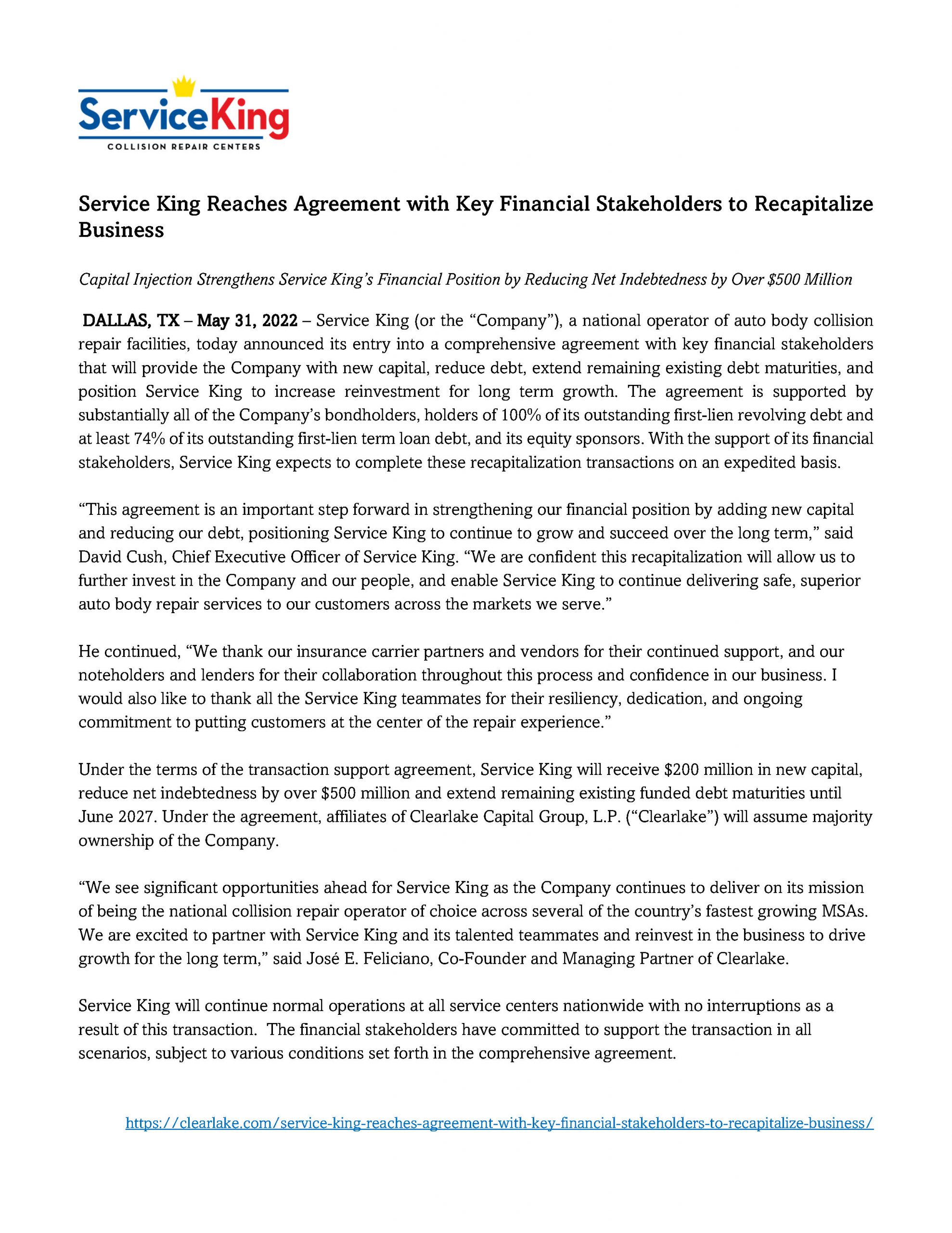 Service King Reaches Agreement with Key Financial Stakeholders to Recapitalize Business 5.31.2022