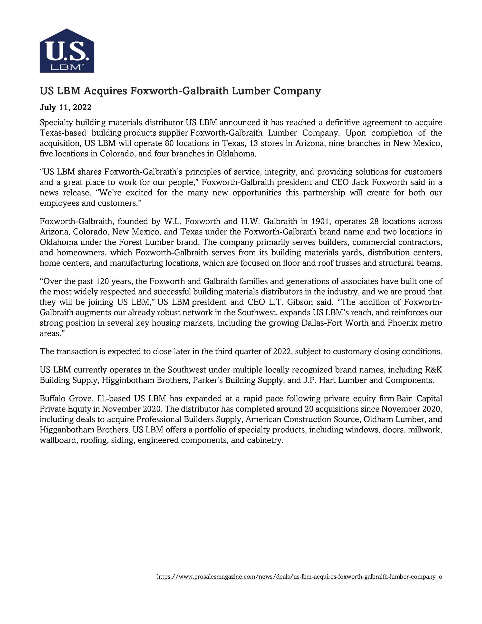 US LBM Acquires Foxworth-Galbraith Lumber Company 7.11.22