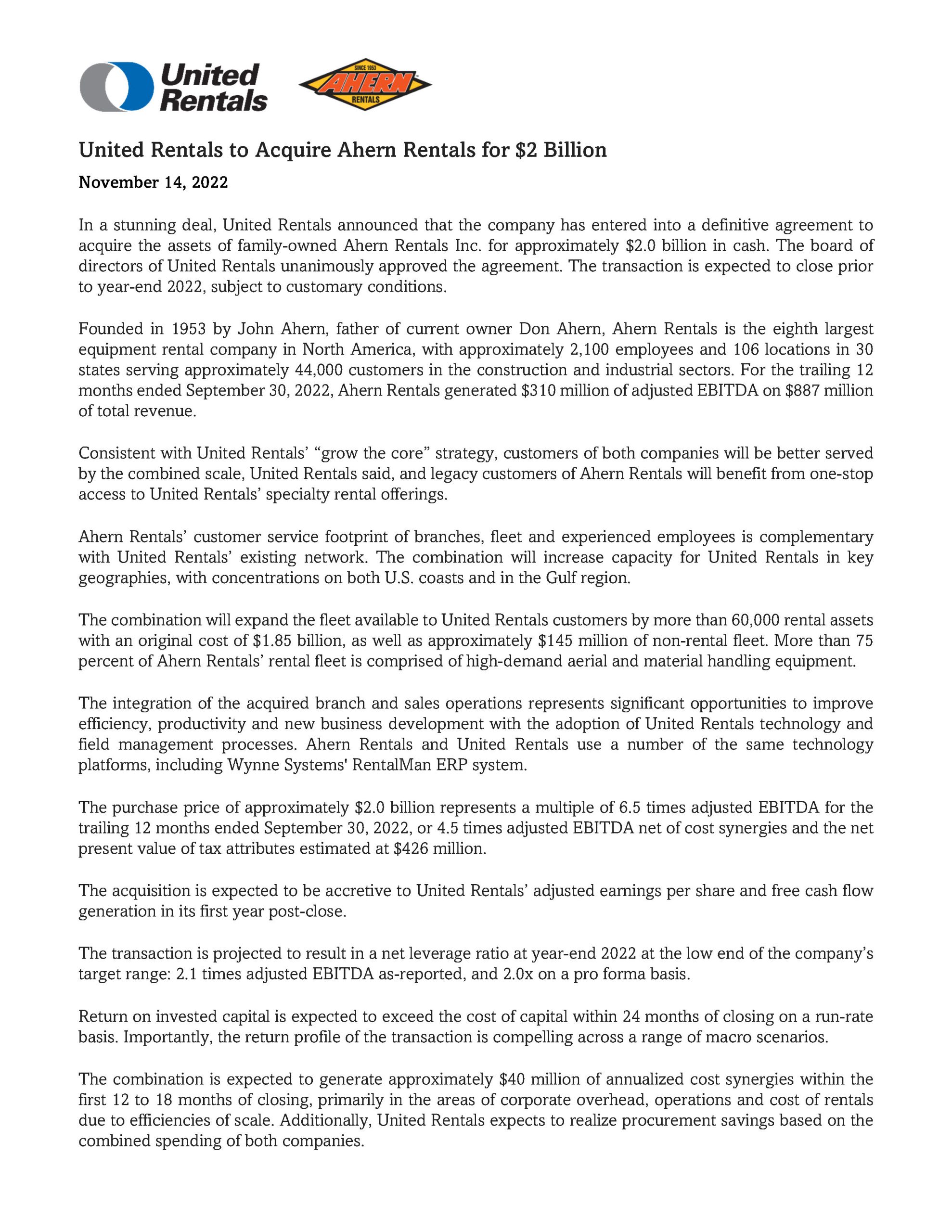United Rentals to Acquire Ahern Rentals for $2 Billion 11.14.2022_Page_1